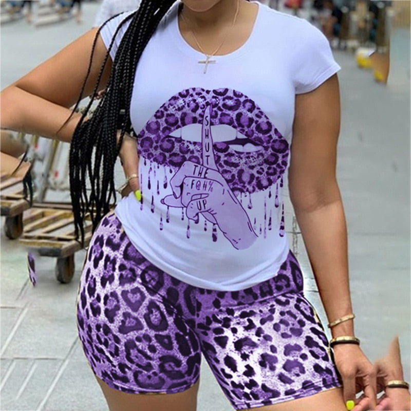 2022 Plus Size 5XL Two Piece Set for Women Tracksuit Lips Short Sleeve Top Leopard Shorts Sweat Suit 2 Pcs Outfits Matching Sets