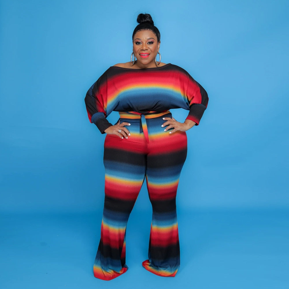 Women Plus Size Set Tie Dye Print Long Sleeve Bandage Crop Tops Loose Long Pants 2 Piece Sets Casual Streetwear Summer