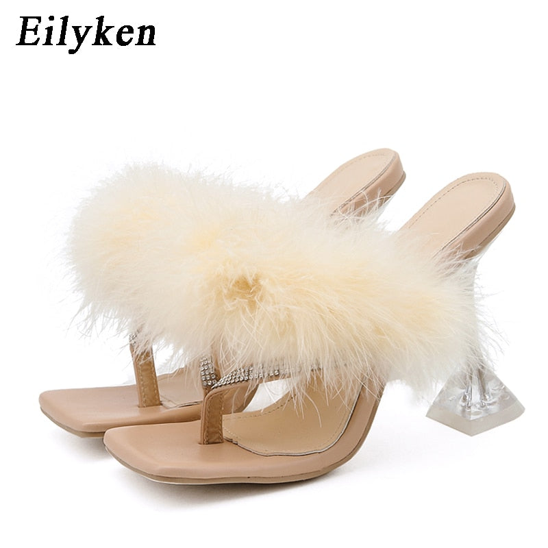 Eilyken Summer Slippers Women Furry Slides Fashion Square Toe Transparent Perspex Heels Rhinestone Sandals Female Flip Flop Shoe