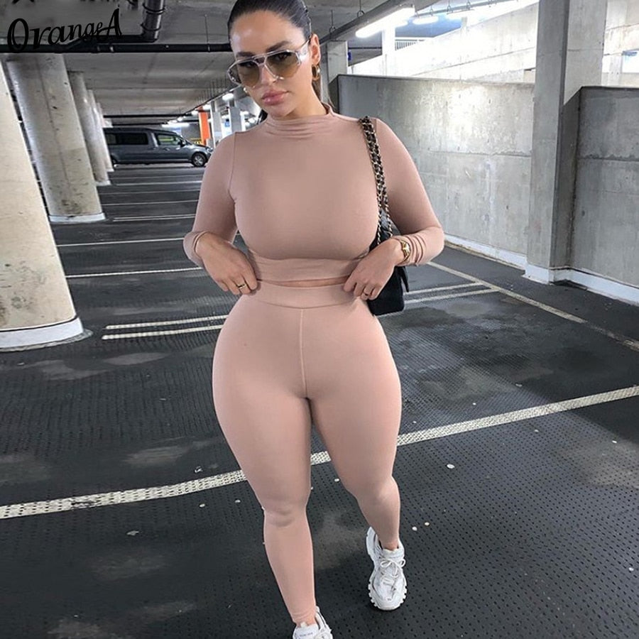 OrangeA turtleneck tracksuit women solid long sleeve crop top leggings sporty bodycon streetwear stretchy matching set outfits