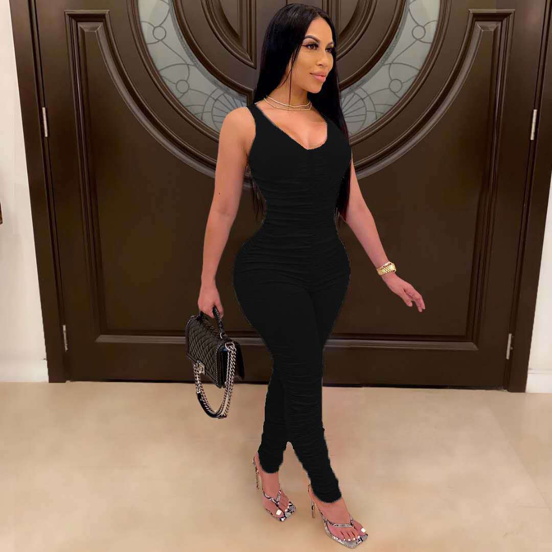 Red Sexy Rompers Jumpsuit Women Fashion V Collar Sleeveless Rumper Jumpsuit Stacked Romper Long Pants Backless Sexy Bodysuit
