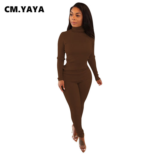 CM.YAYA Basic Ribbed Women's Tracksuit Turtleneck Sweater Tops and Pants Suit Matching Two 2 Piece Set Outfits Knitted Sweatsuit