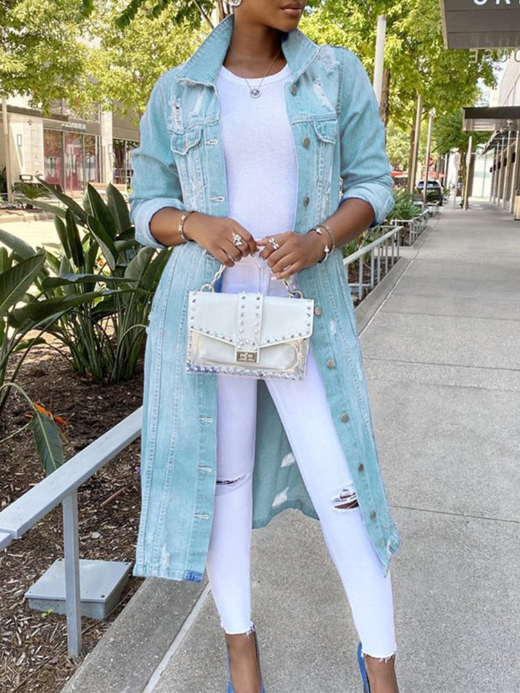 Autumn Women Sexy Ripped Denim Jackets 2021 Vintage Casual Long Jean Jacket Winter Female Long Sleeve Coat Streetwear