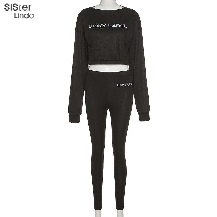 Fashion Rib Lucky Label 2 Piece Set Women Tracksuit Fall Crop Tops Leggings Casual Sweet High Stretch Jogger Outfits Streetwear