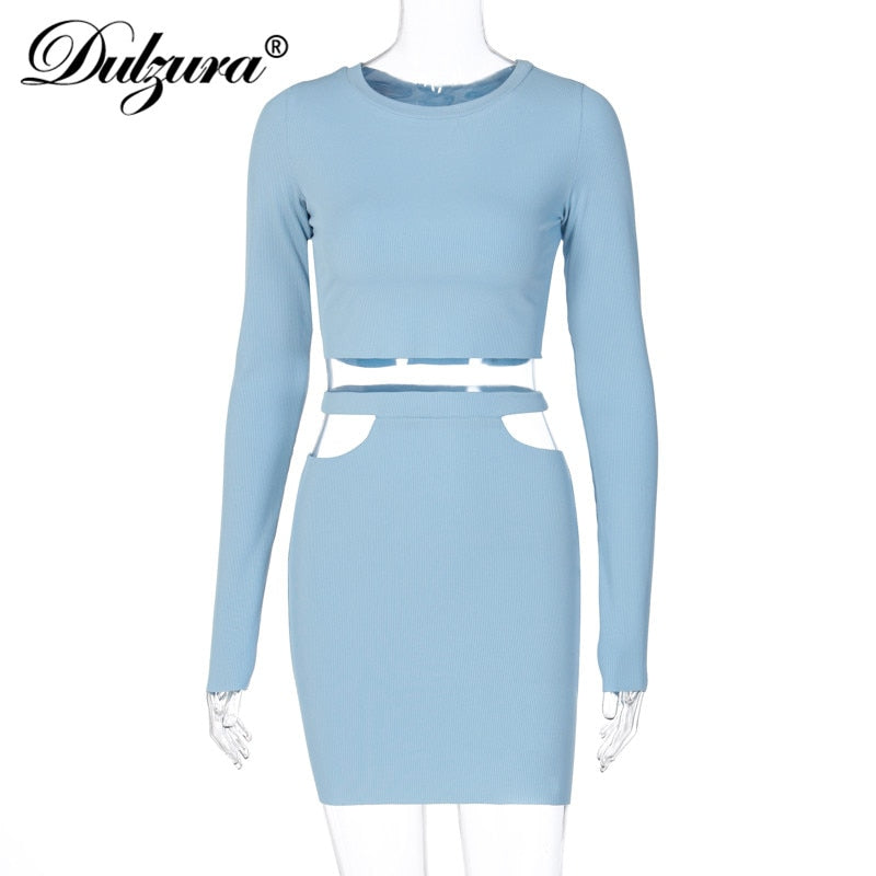 Dulzura ribbed hollow out women 2 piece set crop top long sleeve button mini skirt bodycon sexy streetwear autumn winter co ords