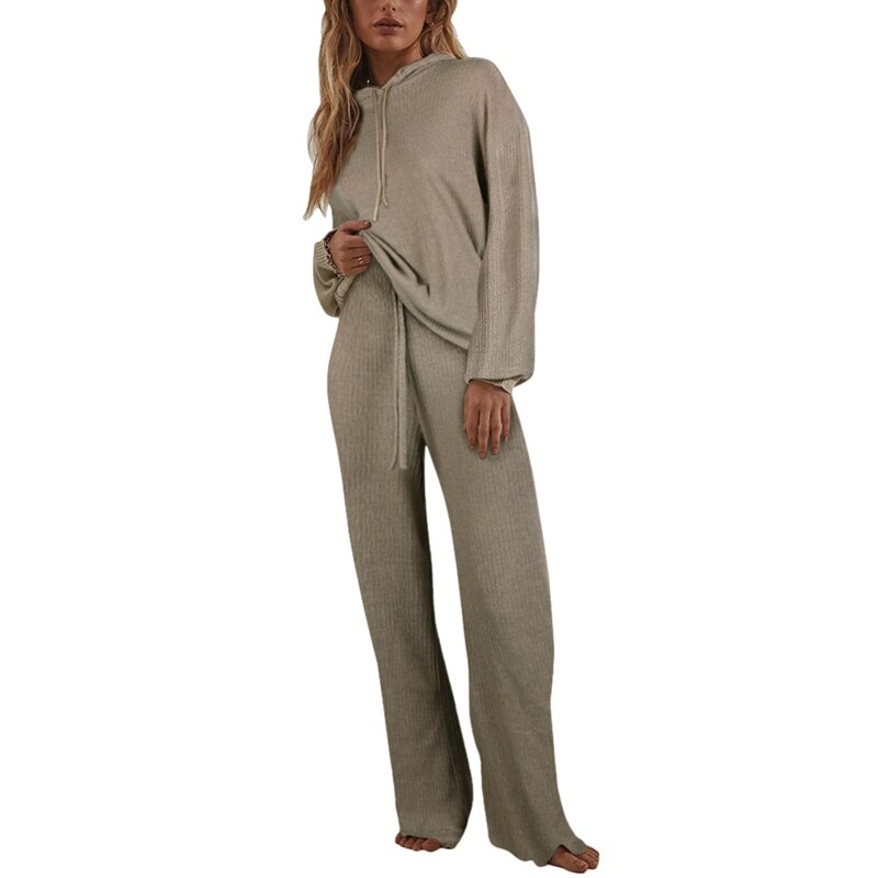 Autumn Knitted Sweat Suits Women Matching Sets Long Sleeve Hoodie+wide-legged Pants Loungewear Sweater Set Two Piece Outfits