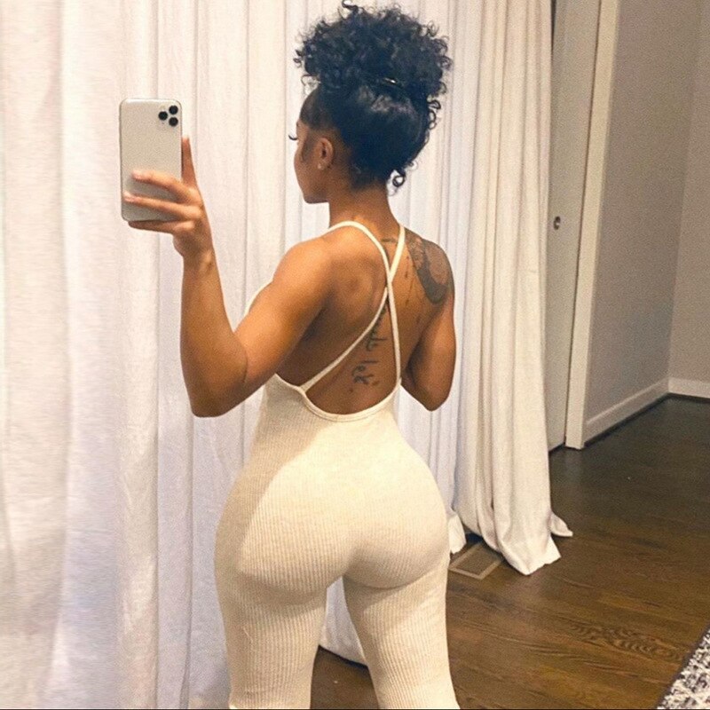 Simenual V Neck Backless Criss Cross Bodycon Rompers Womens Jumpsuit Strap Sporty Workout Skinny Active Wear Solid Jumpsuits New
