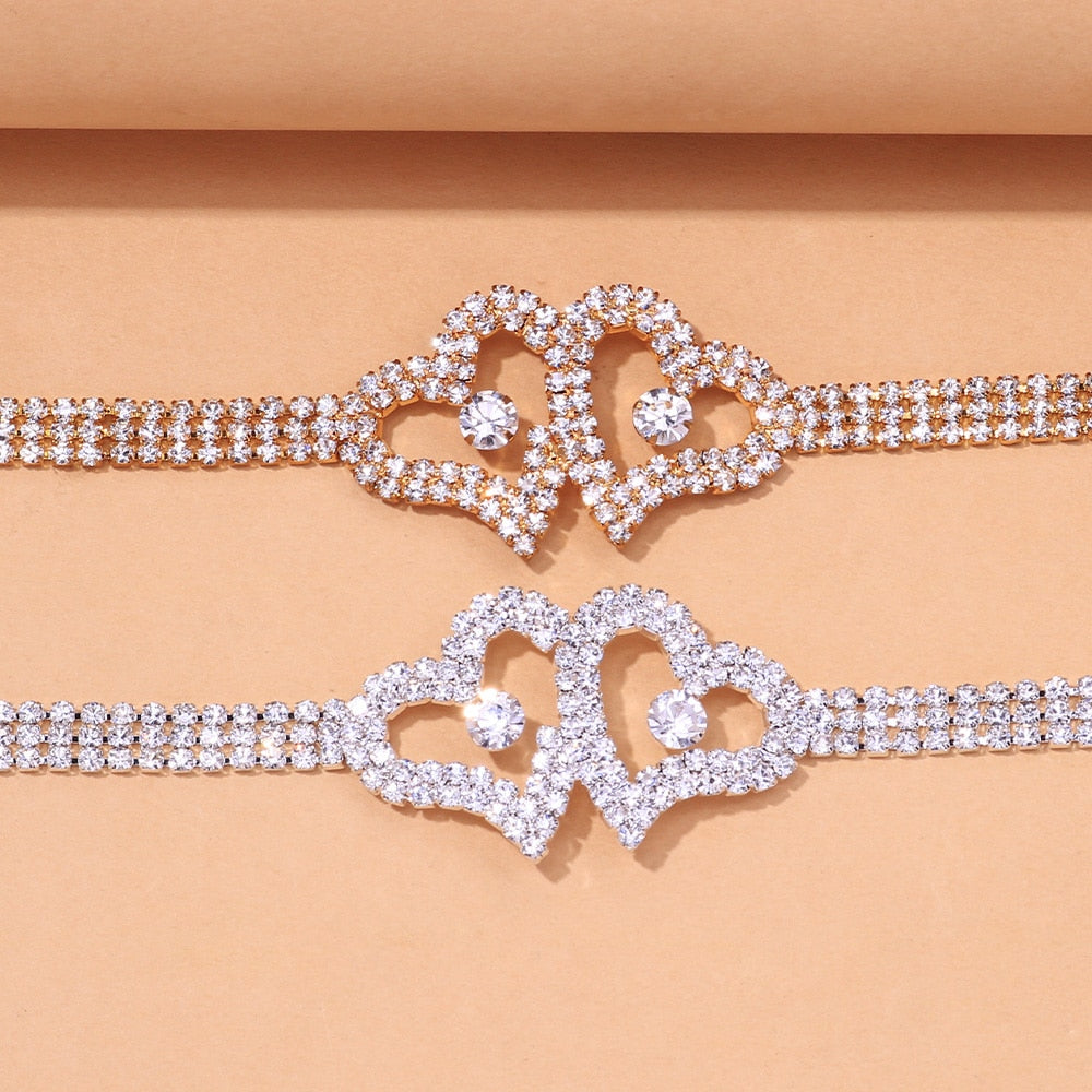 Stonefans Luxury Women Rhinestone Double Heart Anklet Wholesale New Crystal Tennis Chain Anklet Bracelets on Hand Jewelry Gift