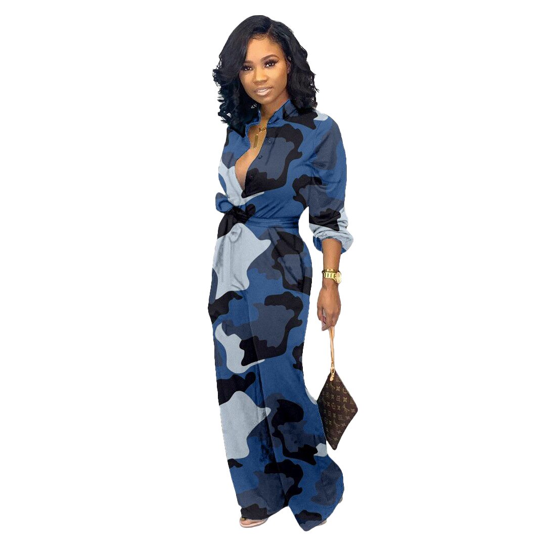 Camo Print Women Jumpsuit Autumn Long Sleeve Wide Leg Pants Elegant Rompers Casual Loose Plus size Overalls with Pocket