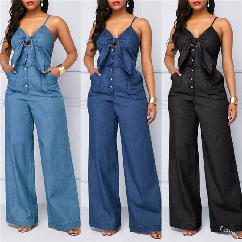HIRIGIN Summer Women's Denim Jumpsuit Sexy High Waist Wide Leg Long Pants Romper Front Tie Knotted Jeans V-neck Overalls 2021