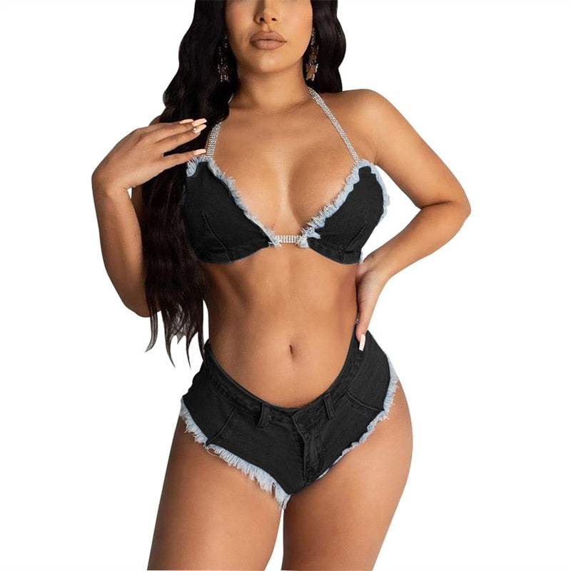CHRONSTYLE Sexy Jean Summer 2 Piece Denim Off Shoulder Bra Crop Tops Biker Shorts Outfits Women Summer Clubwear Tracksuits 2021