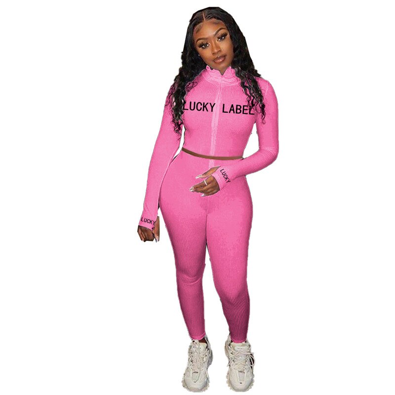 Lucky Label 2 Piece Set Women Fall Fitness Outfit Tracksuit Stretch Knitted Top Leggings Matching Set Girl Wholesale Dropshpping
