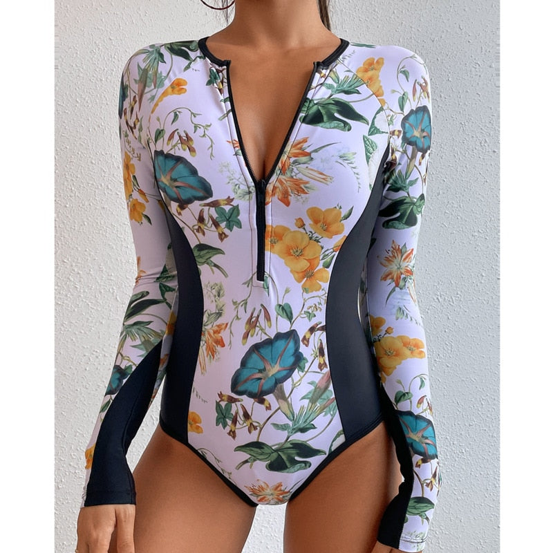 New Patchwork One-Piece Swimsuit Long Sleeve Swimwear Sports Women's Swimming Bathing Suit Beach Bather Surfing Swim Wear 2021