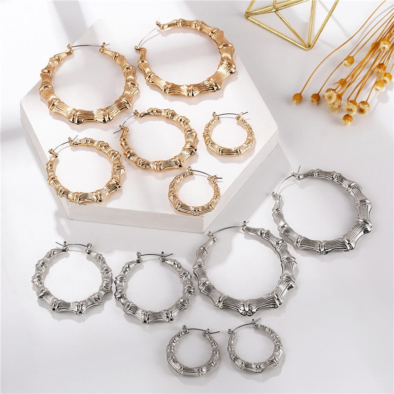 FNIO Statement Gold/Sliver Big Bamboo Circle Hoop Earrings For Women Hip Hop Earrings set Classic Jewelry 3pcs/set