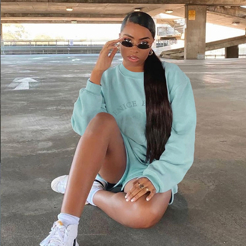 NCLAGEN Letter Embroidery Women Loose Casual Sweatshirt Fleece Pullovers And Drawstring Shorts Two Pieces Set Thick Tracksuit