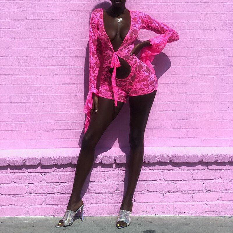 2021 Hot Sexy Women Mesh Sheer Hollow Out Rompers Onesies Shorts Pink Deep V-Neck Flare Sleeve Floral Bodycon Playsuit Jumpsuit