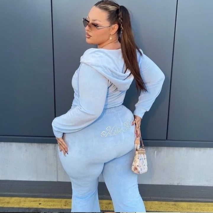 Hello Kitty Women Velvet Sweater Set Zipper Sweatpants Two piece Hoodie Women Zipper Rhinestone Print Velvet Set 2022 Spring