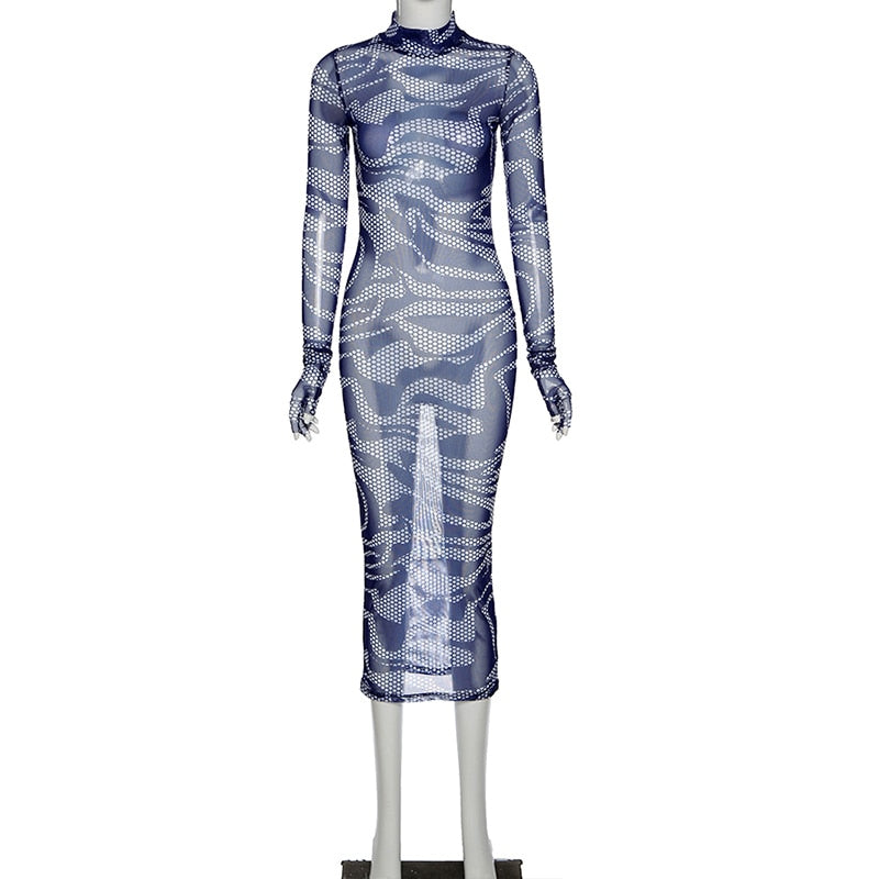 Mesh See Through Sexy Hot Maxi Dress Women Long Sleeve without Gloves Party Clubwear Print 2020 Hollow Out Bodycon Dresses