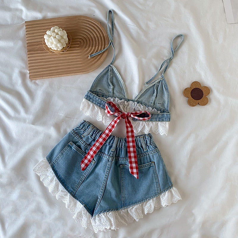 Lolita Girls Blue Denim Lace Two Piece Set Sexy Women Bustier Camis Crop Top High Waist Shorts Outfits Sexy Femenino 2 Piece Set