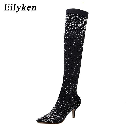Eilyken 2022 Fashion Runway Crystal Stretch Fabric Sock Boots Pointy Toe Over-the-Knee Heel Thigh High Pointed Toe Woman Boot
