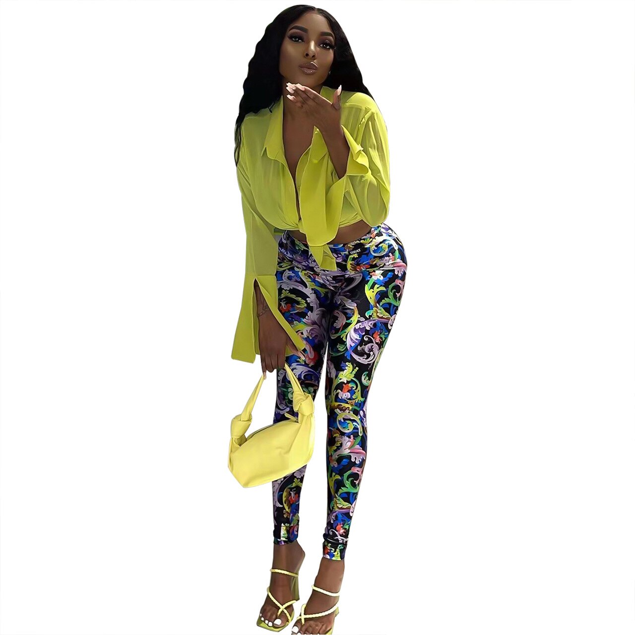ANJAMANOR Sexy Two Piece Set Crop Top Shirts Printed Leggings Club Outfits for Women Pants Sets Bulk Wholesale Clothing D44-DD30