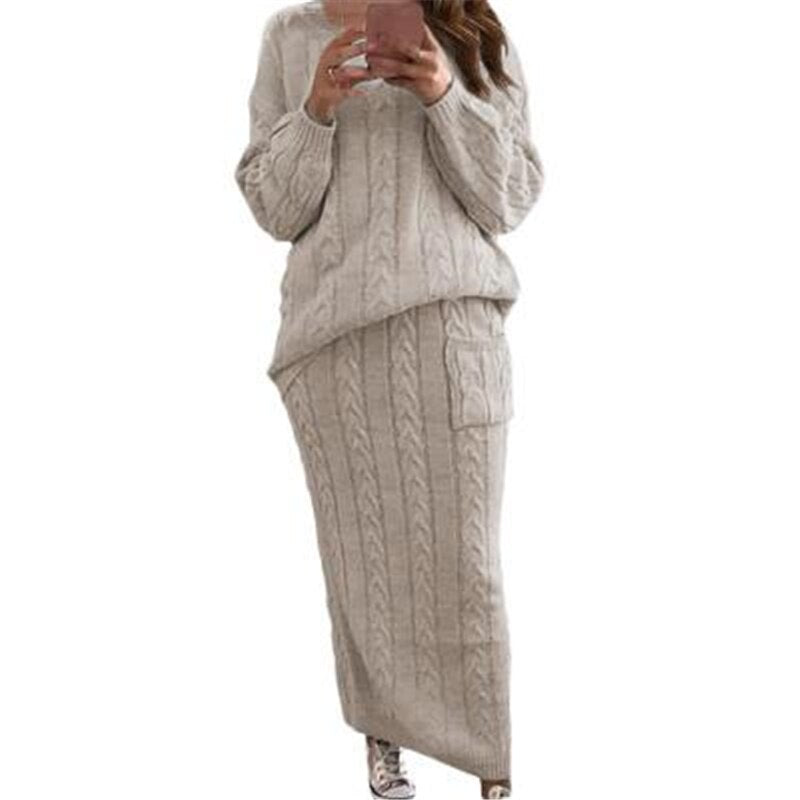 Fashion Streetwear Ribbed Knitted 2 Piece Outfits Full Sleeve Sweater Matching Set Plus Size Skirt Elegant Casual Fall Clothing
