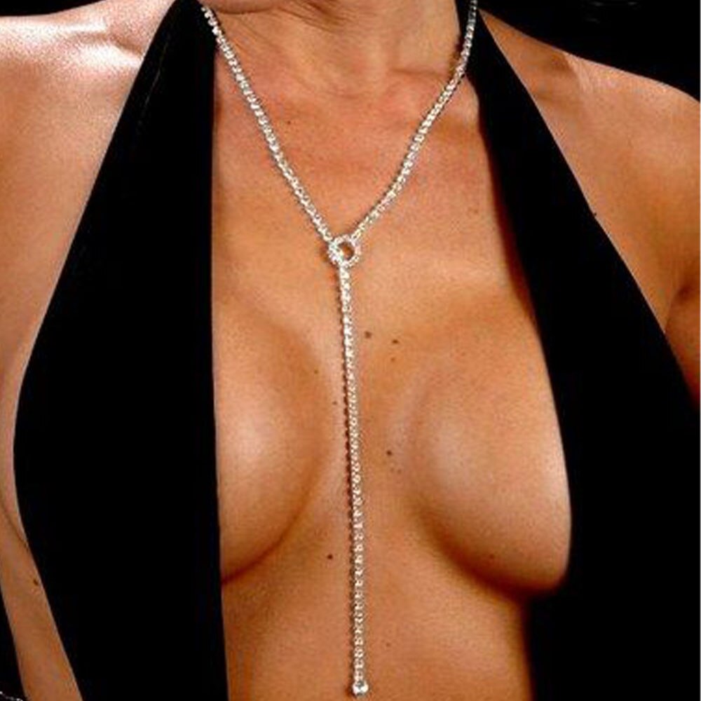 Stonefans Rhinestone Chain Long Necklace Flash Clavicle Chain for Women Crystal Choker Necklace Y Neck Chains Club Prom Jewelry
