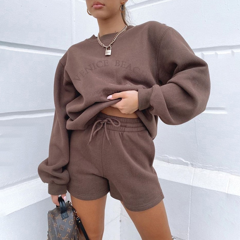 NCLAGEN Letter Embroidery Women Loose Casual Sweatshirt Fleece Pullovers And Drawstring Shorts Two Pieces Set Thick Tracksuit