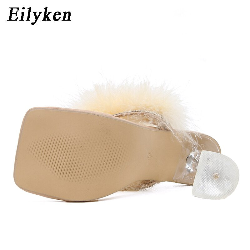 Eilyken Summer Slippers Women Furry Slides Fashion Square Toe Transparent Perspex Heels Rhinestone Sandals Female Flip Flop Shoe