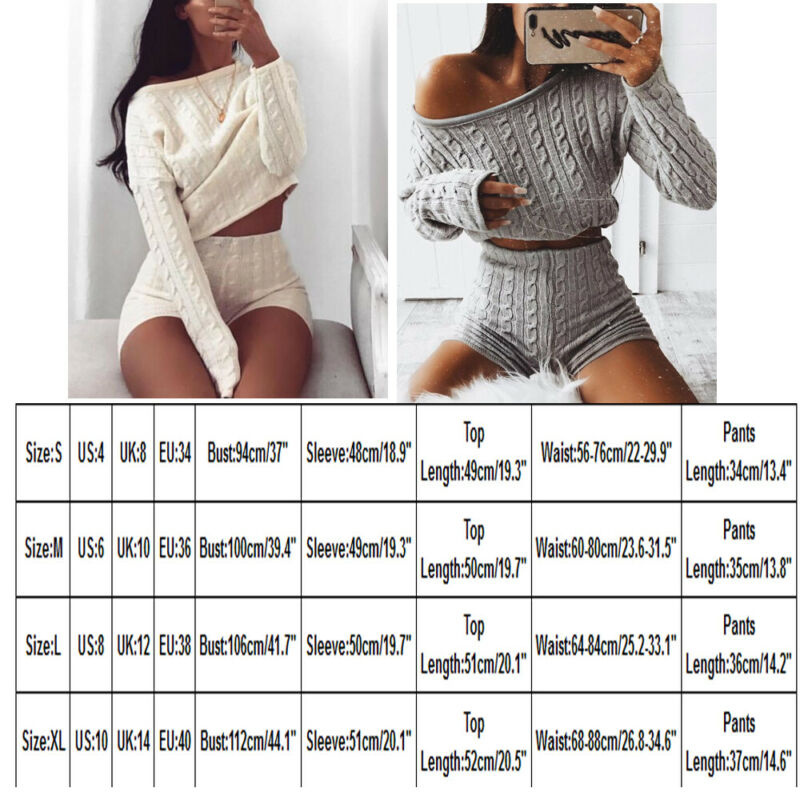 NEW 2020 Knit 2 Piece Set Women's Long Sleeve Crop Tops &amp; Short Pants Sexy Winter Sweater Two Piece Clothing Set
