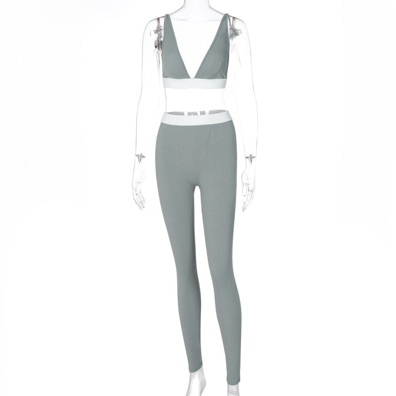 ANJAMANOR Sexy Sweatsuits for Women Comfy Lounge Wear Rib Knit V Neck Crop Top and Leggings Two Piece Set Tracksuits D16-CE29