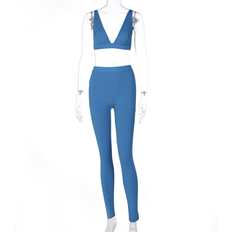 Dulzura Ribbed Women 2 Pieces V Neck Bra Leggings Set Crop Top Matching Co Ords 2020 Autumn Winter Clothes Sporty Tracksuit Club