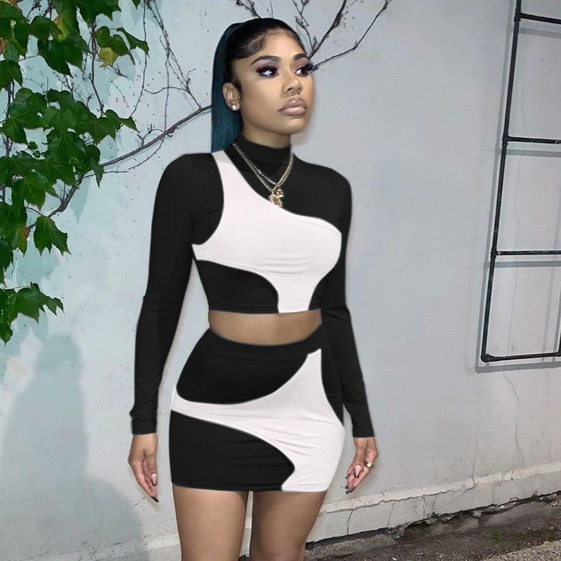 ANJAMANOR Sexy Colorblock Two Piece Set Long Sleeve Crop Top and Mini Skirt Suits for Women 2021 Clubwear Bodycon Dress D85-CF24