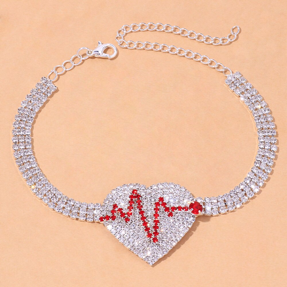 Stonefans Fashion Tennis Chain Rhinestone Heart Anklet for Women Beach Crystal Heartbeat Anklet Bracelet on the Leg Boho Jewelry