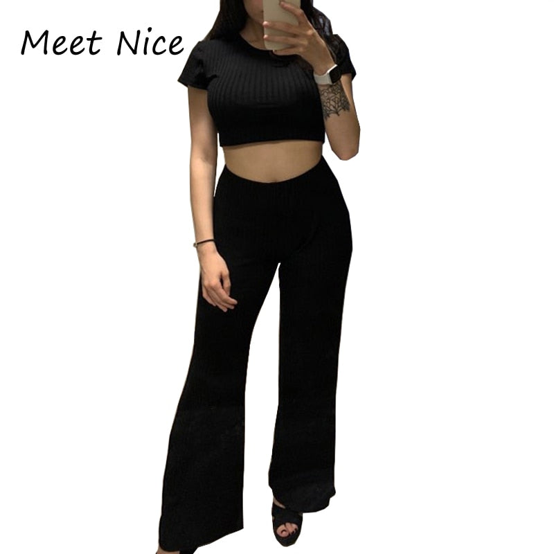2 Two Piece Set Women Ribbed O Neck Crop Top and Long Pants Set Sexy Autumn Short Sleeve Tracksuit Women Conjunto Feminino 2022