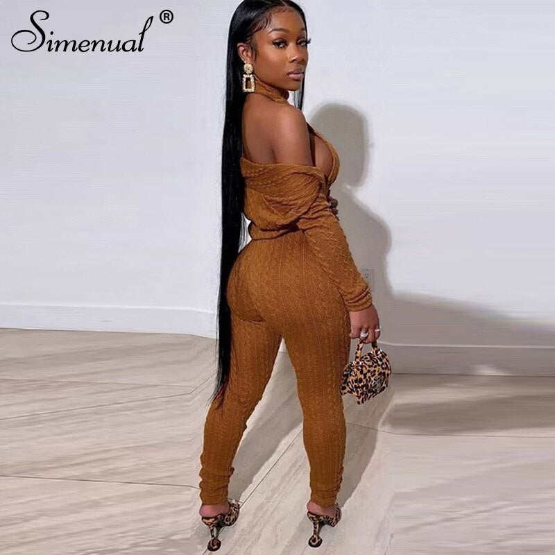 Simenual Knitting Twist Crop Top And Jumpsuit Matching Sets Casual Long Sleeve Women Halter Clothing Bodycon 2 Piece Outfits Hot