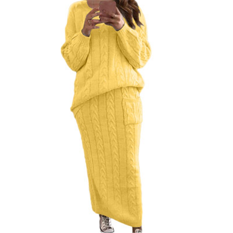 Fashion Streetwear Ribbed Knitted 2 Piece Outfits Full Sleeve Sweater Matching Set Plus Size Skirt Elegant Casual Fall Clothing