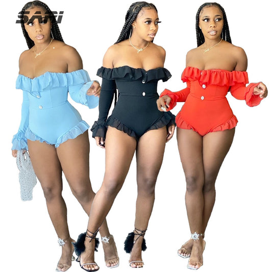 Sexy Solid Ruffle Slash Neck Jumpsuit Women Flare Long Sleeve Top Shorts Swimsuit New Mesh Patchwork Outfits For Women
