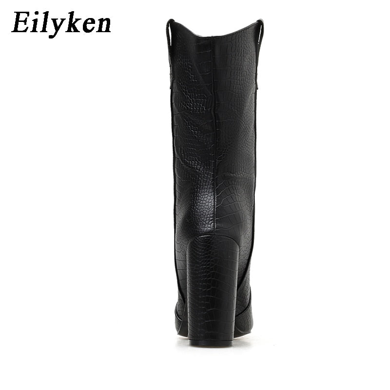Eilyken 2022 Motorcycle Western Cowboy Boots Women Crocodile PU Leather Short Cossacks High Heels Cowgirl Booties Ankle Botas