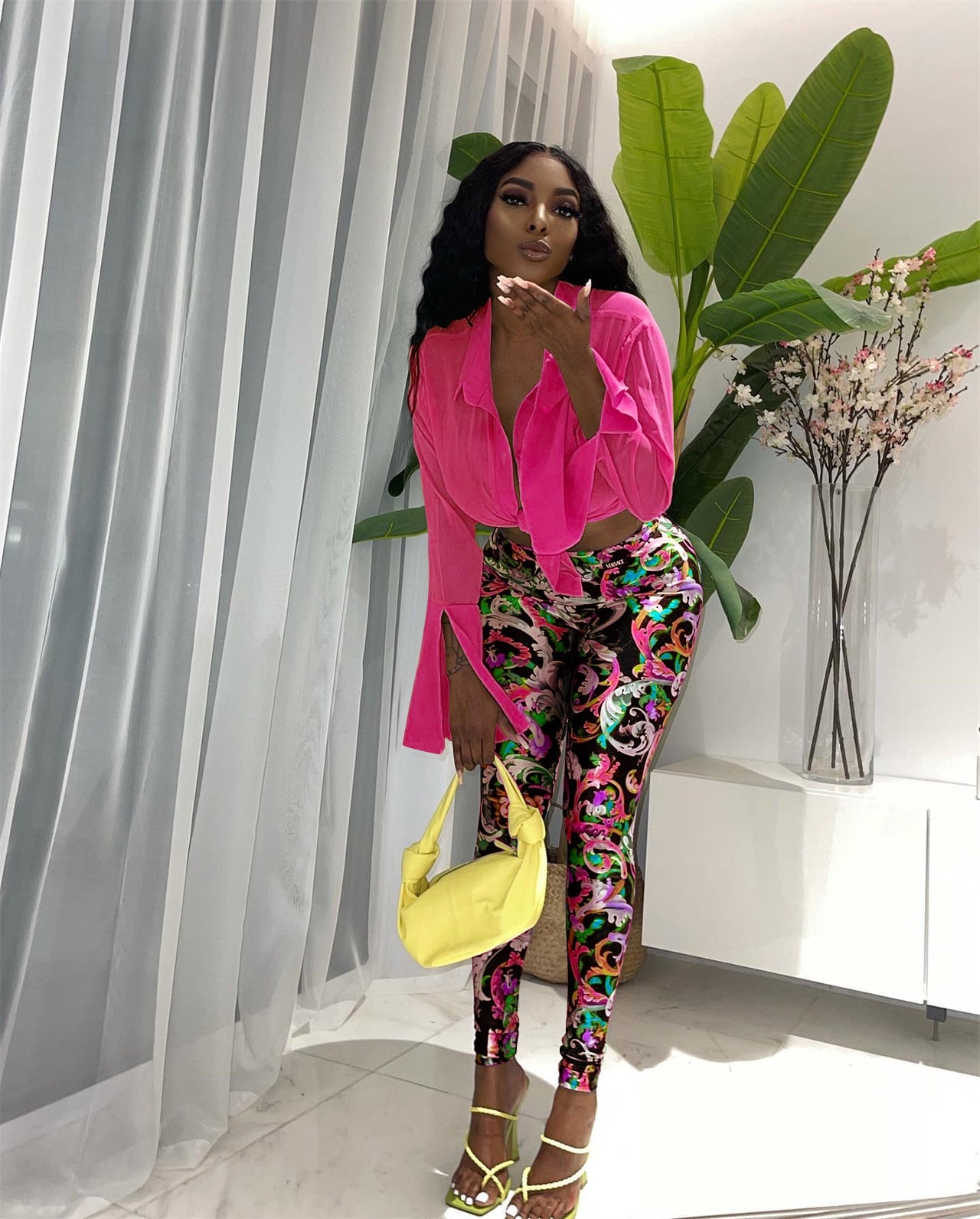 ANJAMANOR Sexy Two Piece Set Crop Top Shirts Printed Leggings Club Outfits for Women Pants Sets Bulk Wholesale Clothing D44-DD30