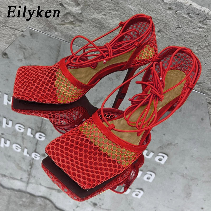 Eilyken 2022 New Sexy Yellow Mesh Pumps Sandals Female Square Toe High Heel Lace Up Cross-Tied Stiletto Hollow Dress Shoes