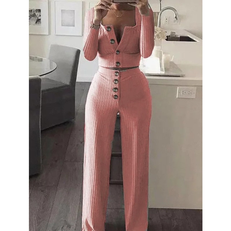 Cardigan Slim Two Piece Set Women Knitted Tracksuit Sexy Crop Top Pants Solid Color Sweatpants Fitness Sweatsuit 2020 Fall