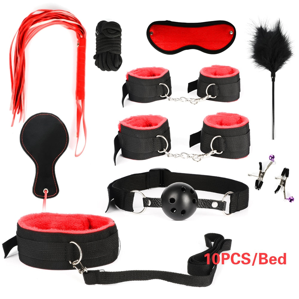 BDSM Kits Adults Sex Toys For Women Men Handcuffs Nipple Clamps Whip Spanking Sex Metal Anal Plug Vibrator Butt Bdsm Bondage Set