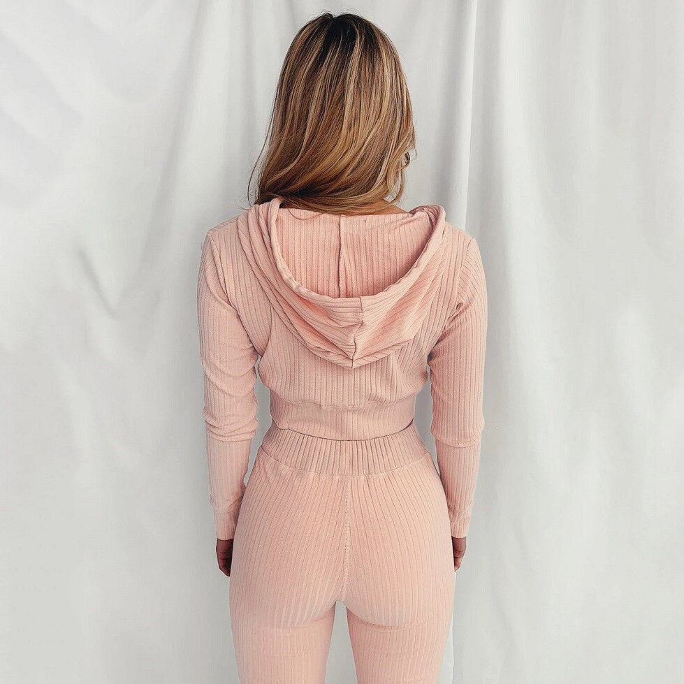Ribbed Hoodie Two Piece Set Tracksuit Women Long Sleeve Sweatshirt Pencil Pants Suit Joggers Sport Fitness Outfits Sweatsuits