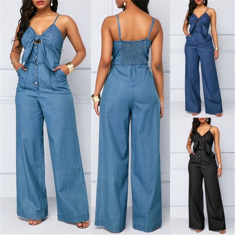 HIRIGIN Summer Women's Denim Jumpsuit Sexy High Waist Wide Leg Long Pants Romper Front Tie Knotted Jeans V-neck Overalls 2021