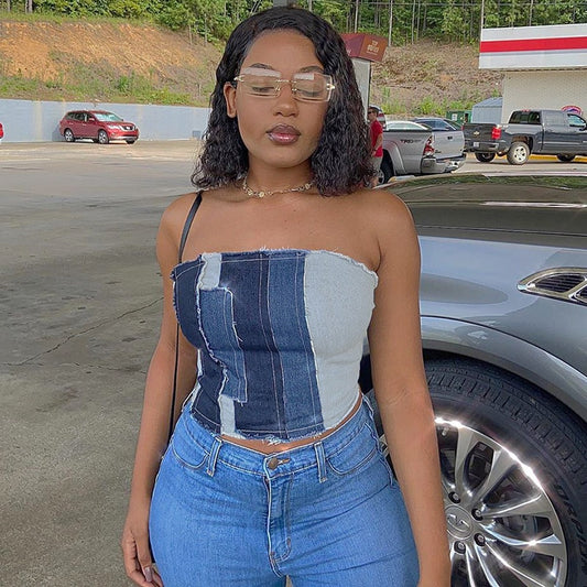 Sexy Patchwork Denim Crop Tops Women Streetwear Y2k Punk Laced Backless Tube Tank Top Party Club Busiter