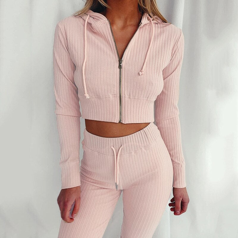 Ribbed Hoodie Two Piece Set Tracksuit Women Long Sleeve Sweatshirt Pencil Pants Suit Joggers Sport Fitness Outfits Sweatsuits