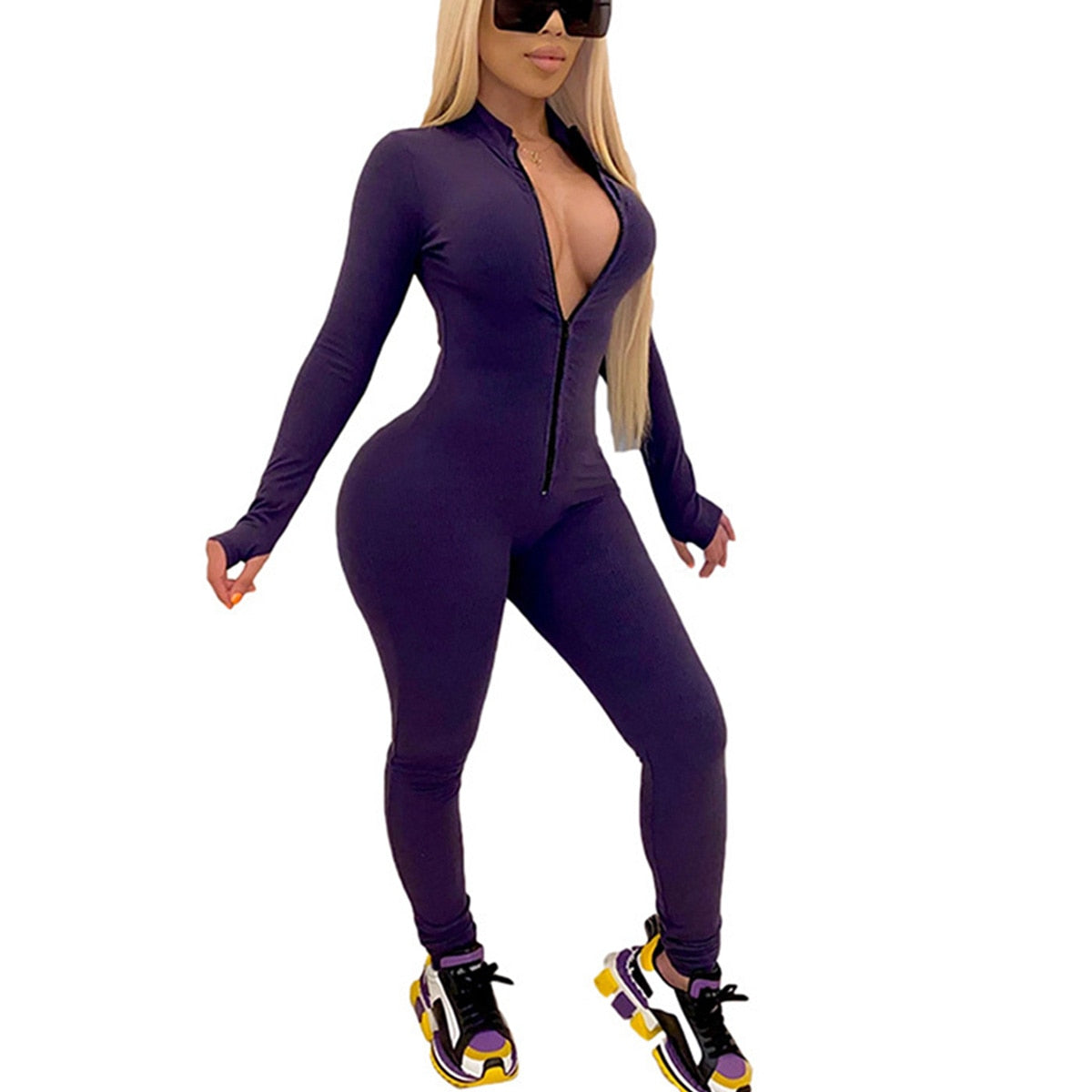 2020 New Style Women Solid Color One Piece Jumpsuit Ladies Zipper Front Long Sleeve Fitness Rompers Playsuits