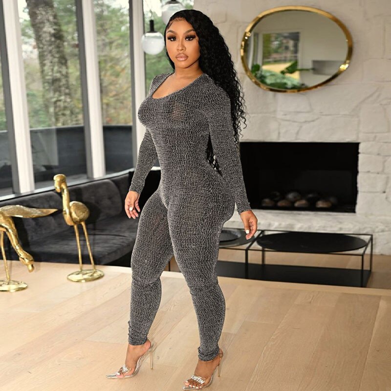 hirigin Sexy Knitted Long Sleeve Jumpsuit Hollow Bandage Birthday Outfits for Women Plus Size Clothing Club Rompers