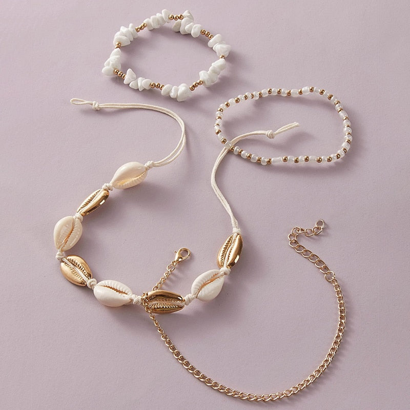 docona Boho Handmade Shell Seed Beads Anklet Set for Women Multilayer Broken Stones Summer Ocean Beach Foot Chains Jewelry 9426